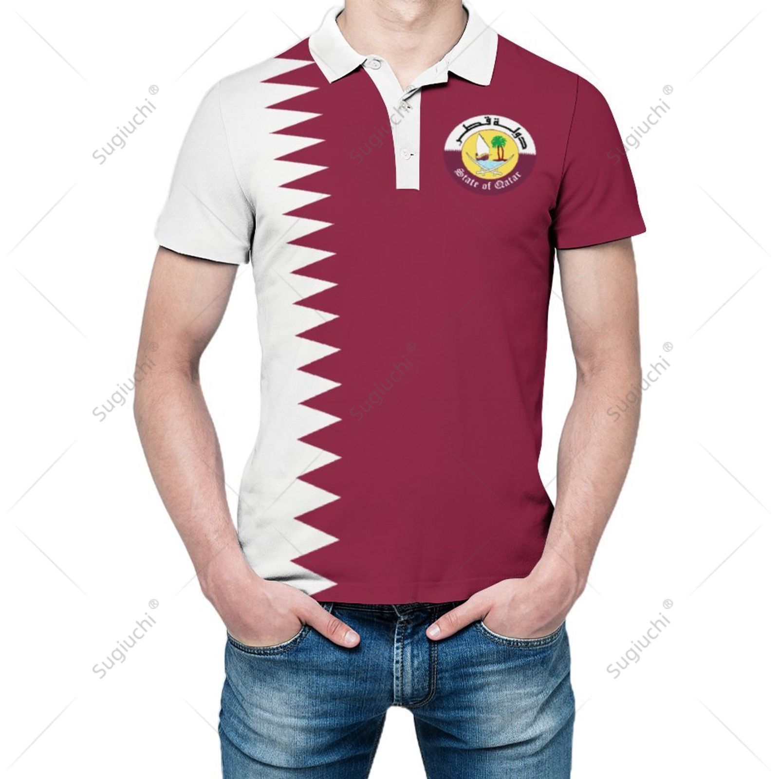 Men'S Fashion Qatar - Polo unisexe avec drapeau du Qatar